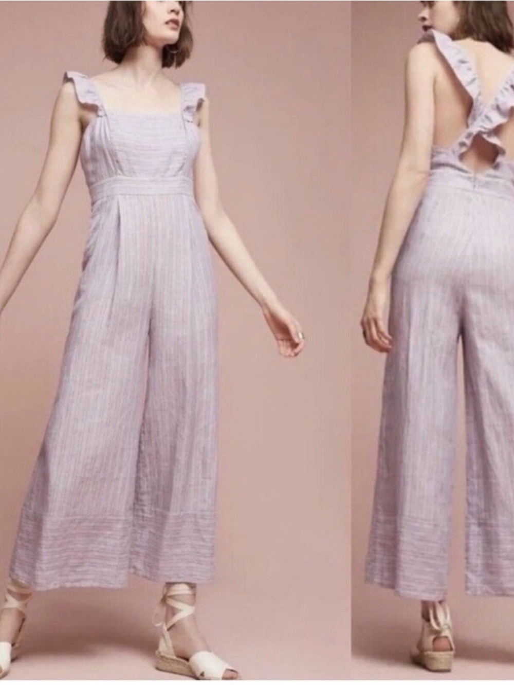 Anthropologie Elevenses Lavender Striped Ruffle-Strap Wide-Leg Jumpsuit